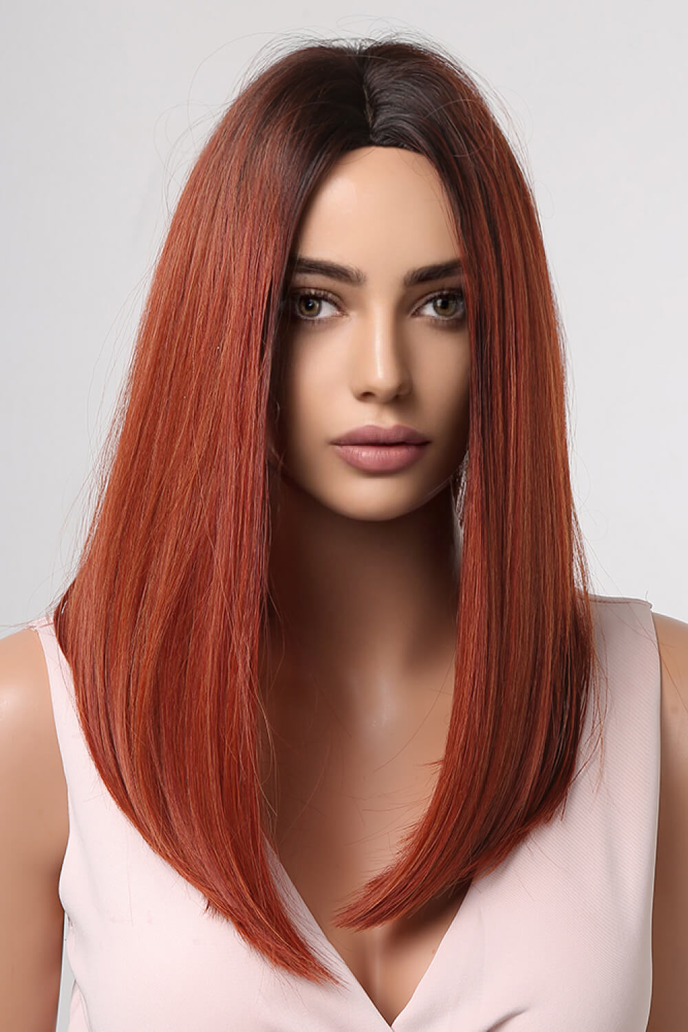 13*2" Full-Machine Wigs Synthetic Mid-Length Straight 27" copper with brown roots