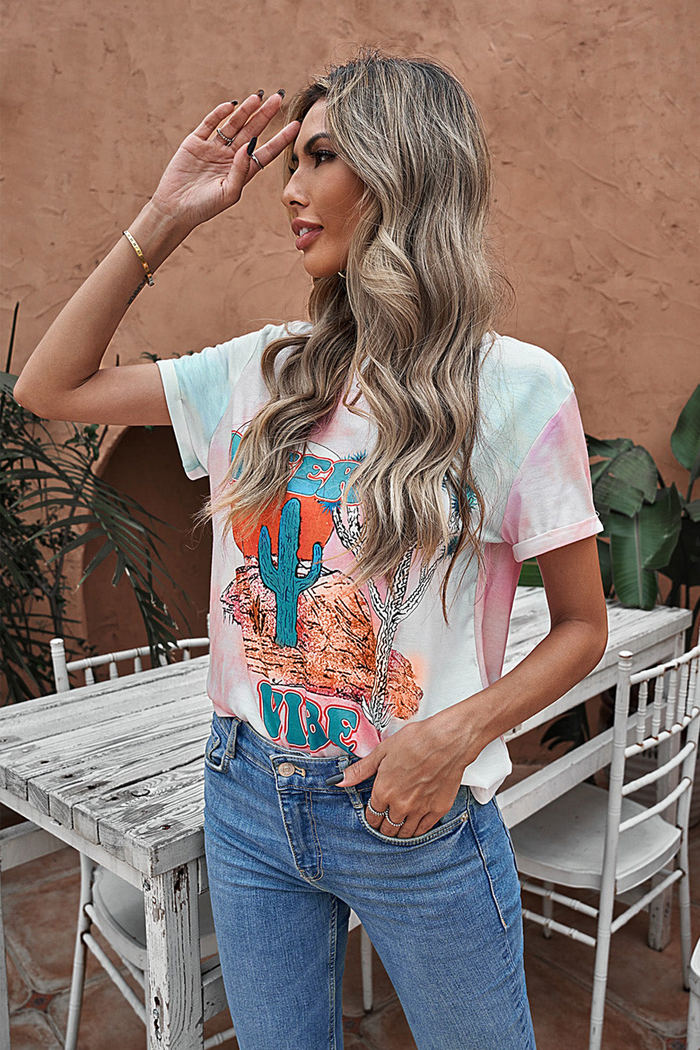 Tie-Dye Cactus Graphic Tee Shirt