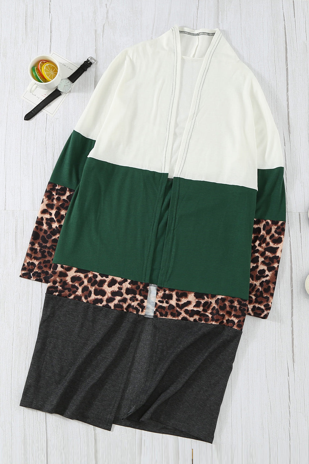 Leopard Color Block Open Front Longline Cardigan green and white