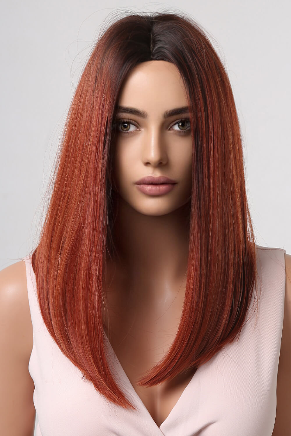 13*2" Full-Machine Wigs Synthetic Mid-Length Straight 27" copper with brown roots