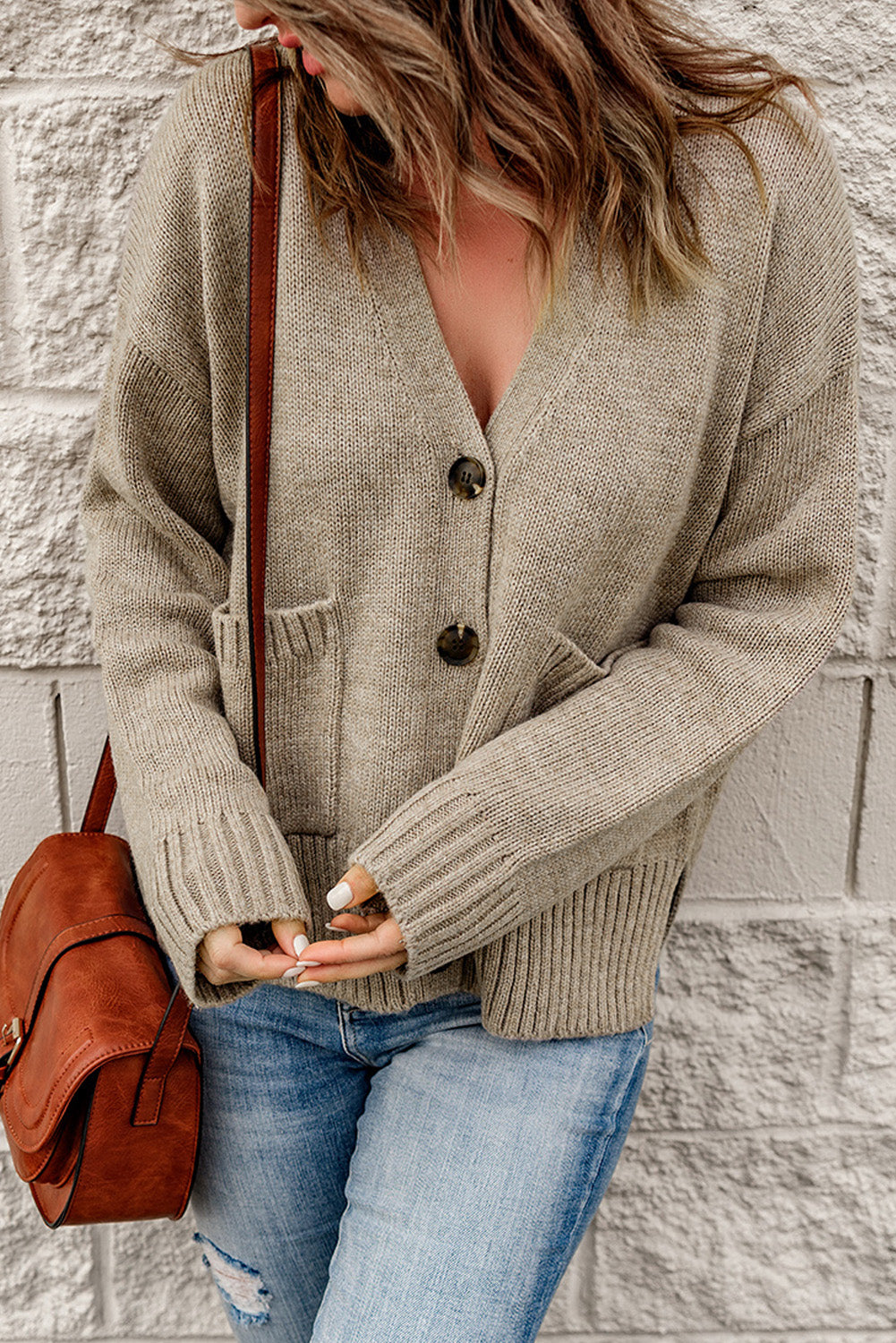 Ribbed Trim Button Down Cardigan with Pockets taupe