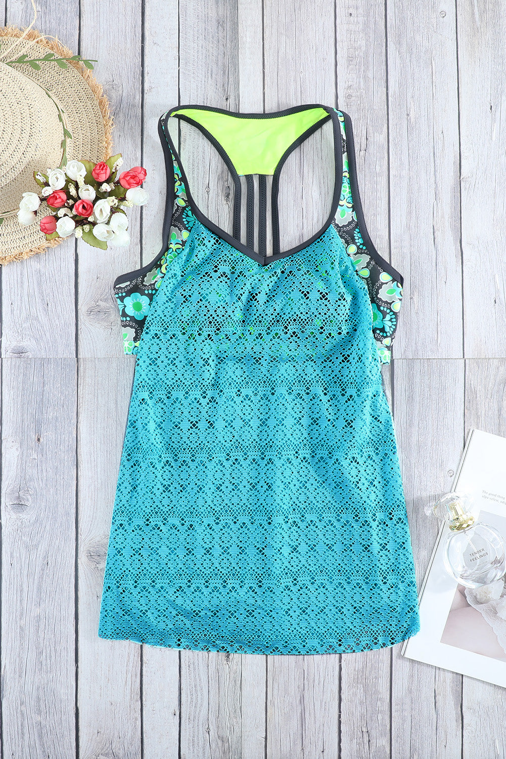 Floral Spliced Lace Tankini Top blue