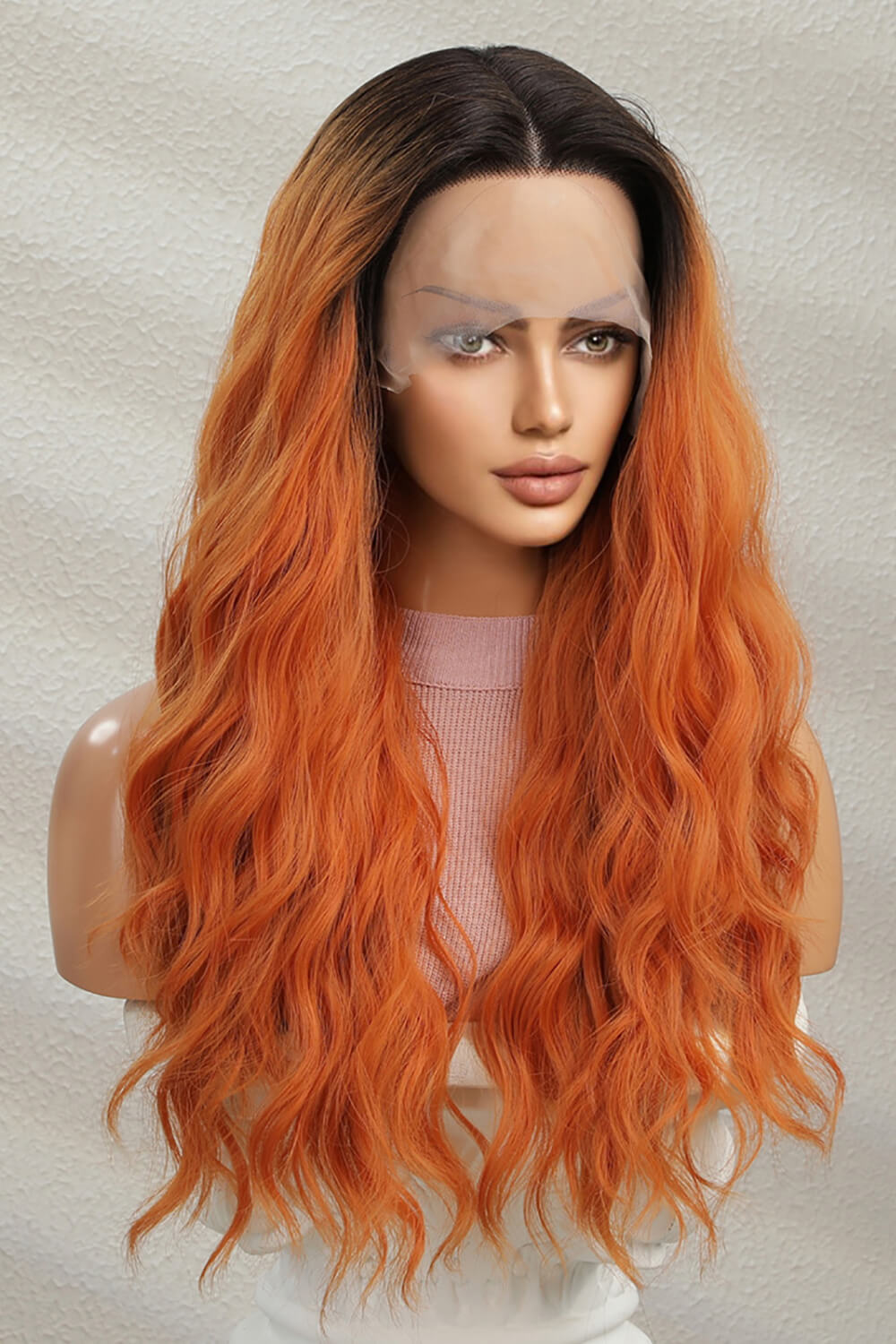 13*2" Lace Front Wigs Synthetic Long Wave 24" 150% Density Ginger with Brunette Roots