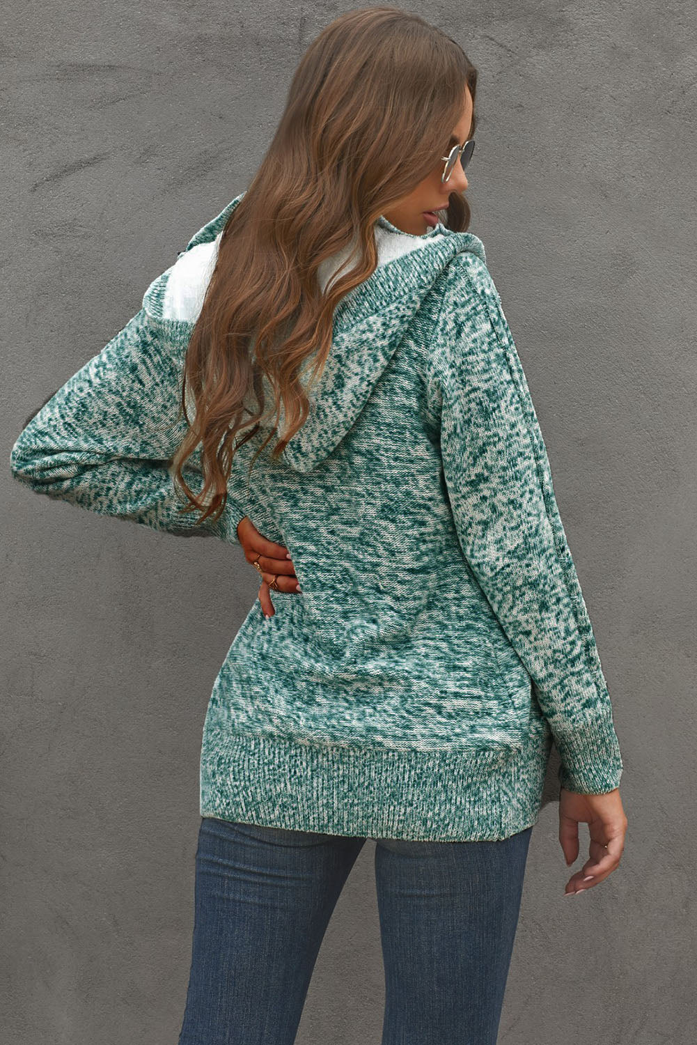 Cable-Knit Fleece Lining Button-Up Hooded Cardigan green back view