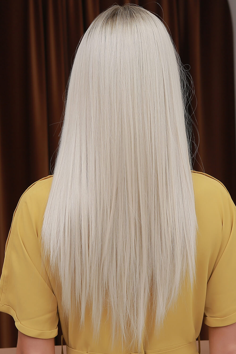 13*2" Lace Front Wigs Synthetic Long Straight 26" Heat Safe 150% Density Blonde Ash Brown Roots back view