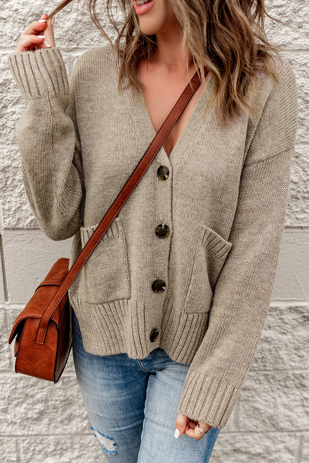 Ribbed Trim Button Down Cardigan with Pockets taupe buttoned up