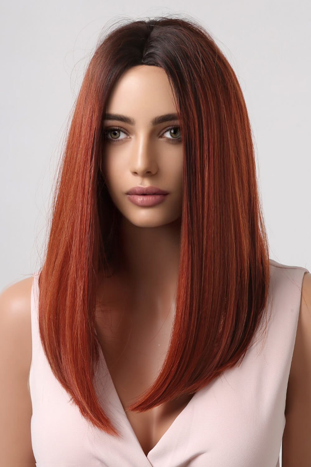 13*2" Full-Machine Wigs Synthetic Mid-Length Straight 27" copper with brown roots