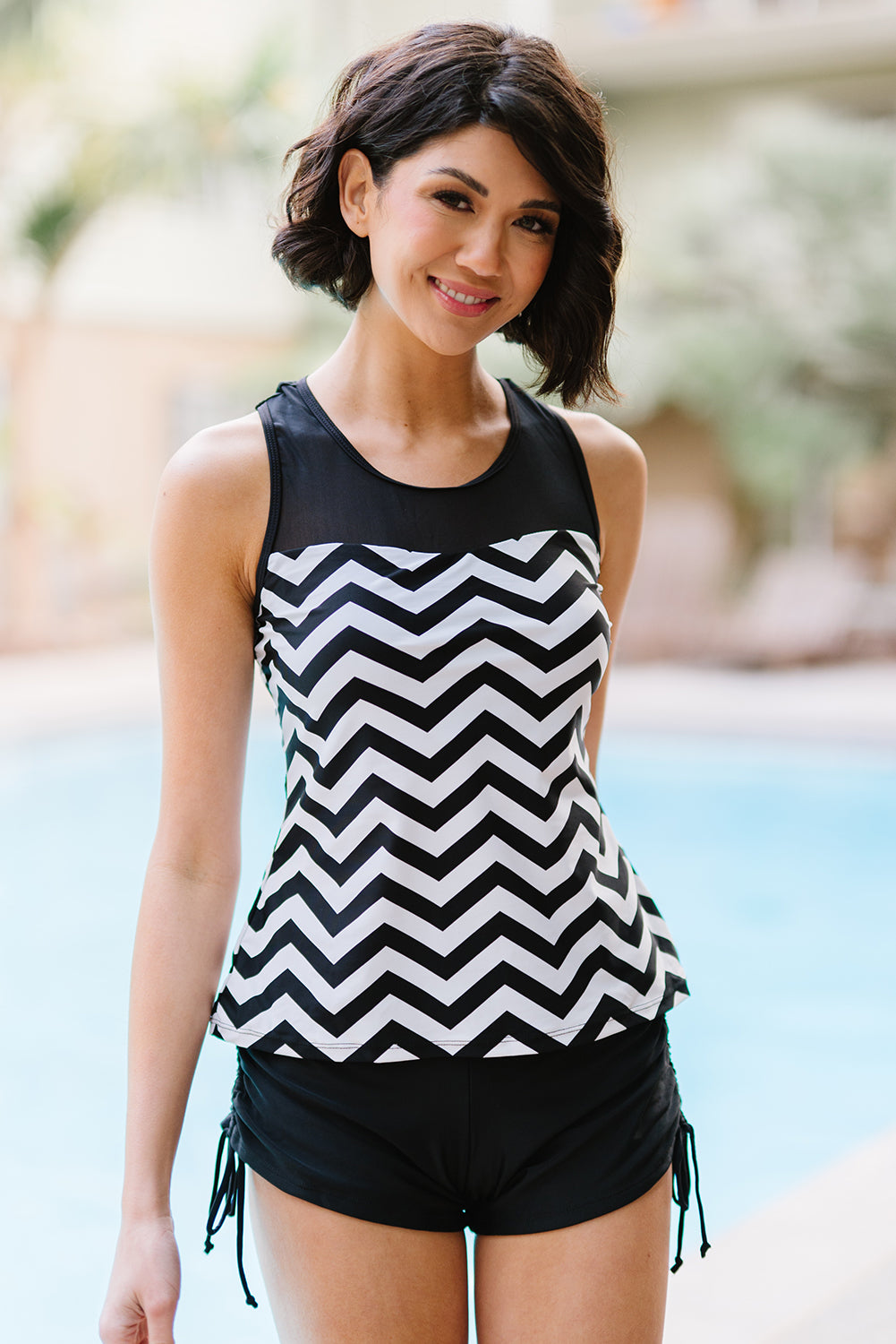 Full Size Chevron Print Ruched Tankini Set white and black chevron