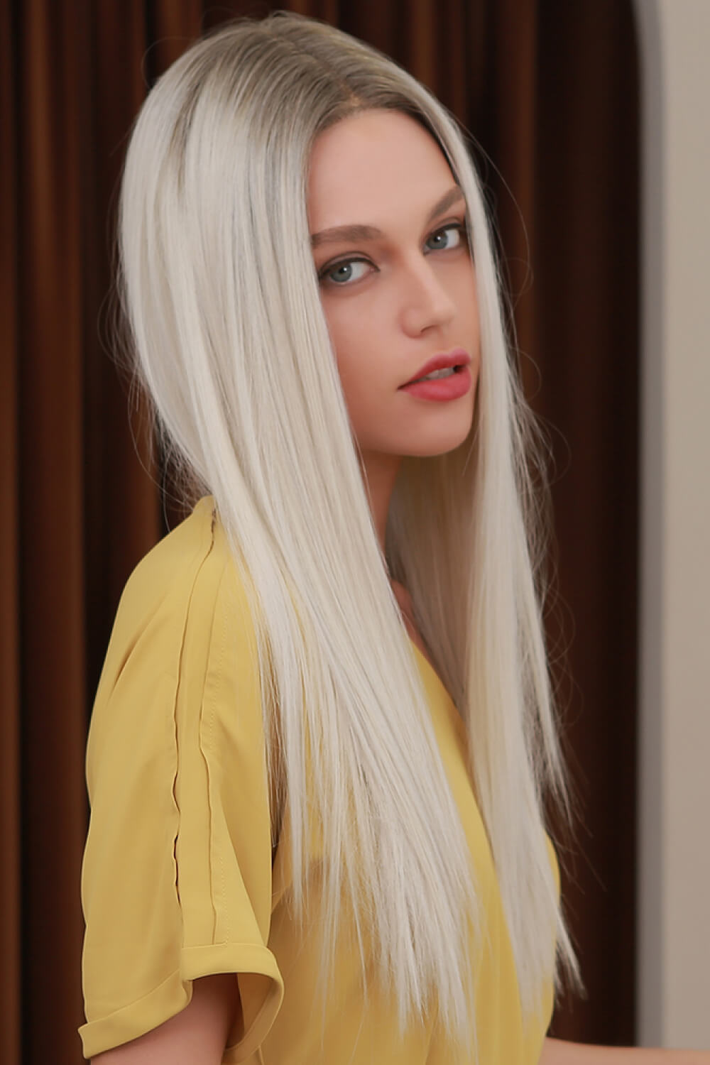 13*2" Lace Front Wigs Synthetic Long Straight 26" Heat Safe 150% Density Blonde Ash Brown Roots side view