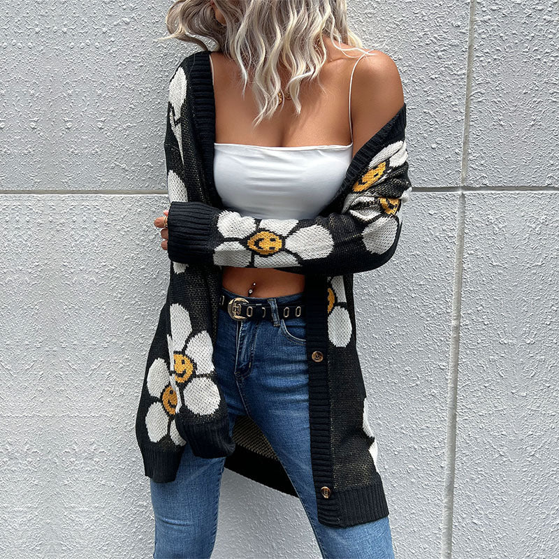 Floral Button Down Longline Cardigan black background with white petal daisies and yellow happy center