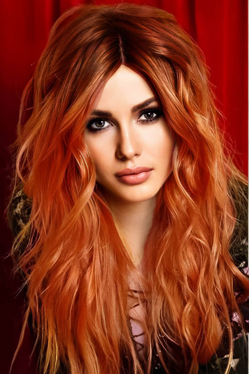 13*2" Lace Front Wigs Synthetic Long Wave 24" 150% Density Ginger with Brunette Roots front view