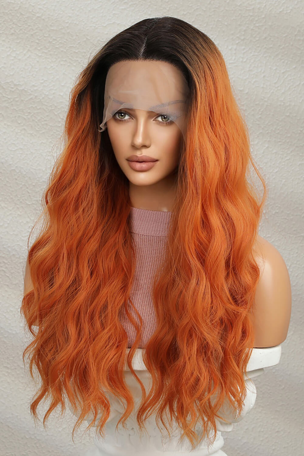 13*2" Lace Front Wigs Synthetic Long Wave 24" 150% Density Ginger with Brunette Roots semi side view