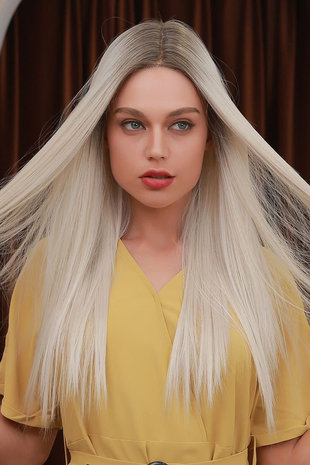 13*2" Lace Front Wigs Synthetic Long Straight 26" Heat Safe 150% Density Blonde Ash Brown Roots