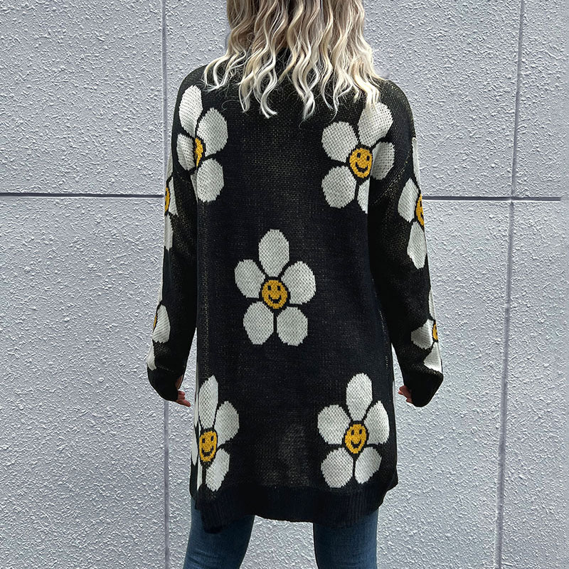 Floral Button Down Longline Cardigan black background with white petal daisies and yellow happy center back view