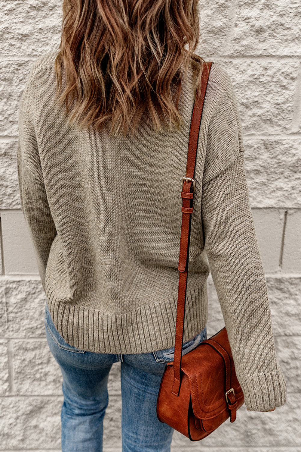 Ribbed Trim Button Down Cardigan with Pockets taupe back view