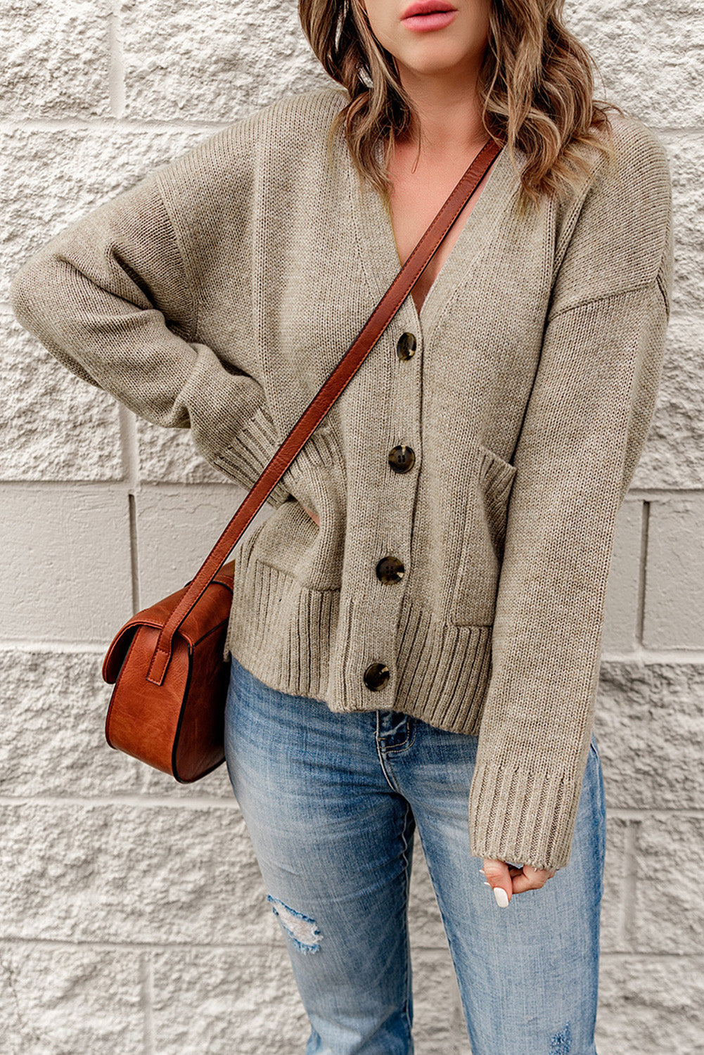 Ribbed Trim Button Down Cardigan with Pockets taupe