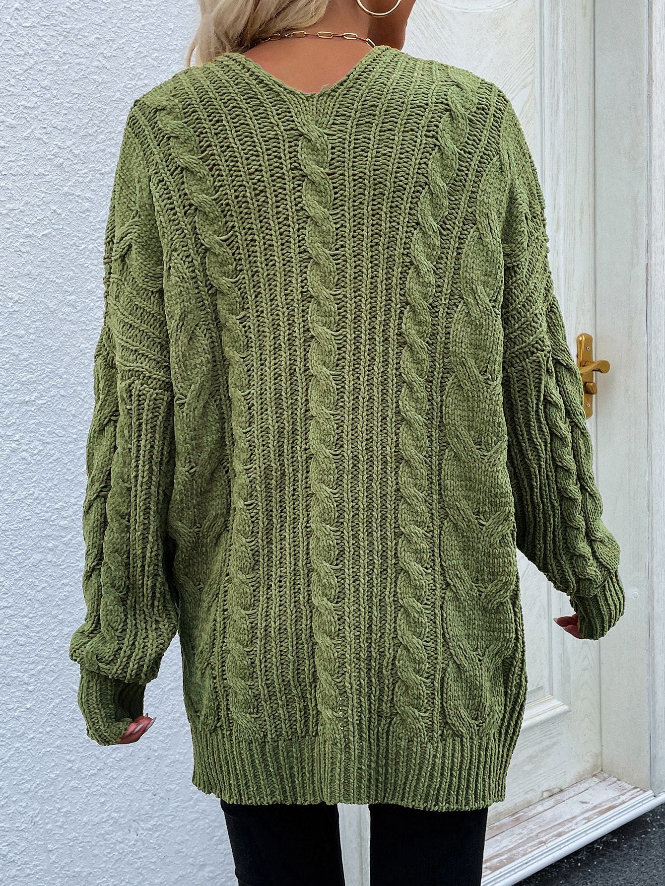 Cable-Knit Open Front Cardigan with Front Pockets green back view