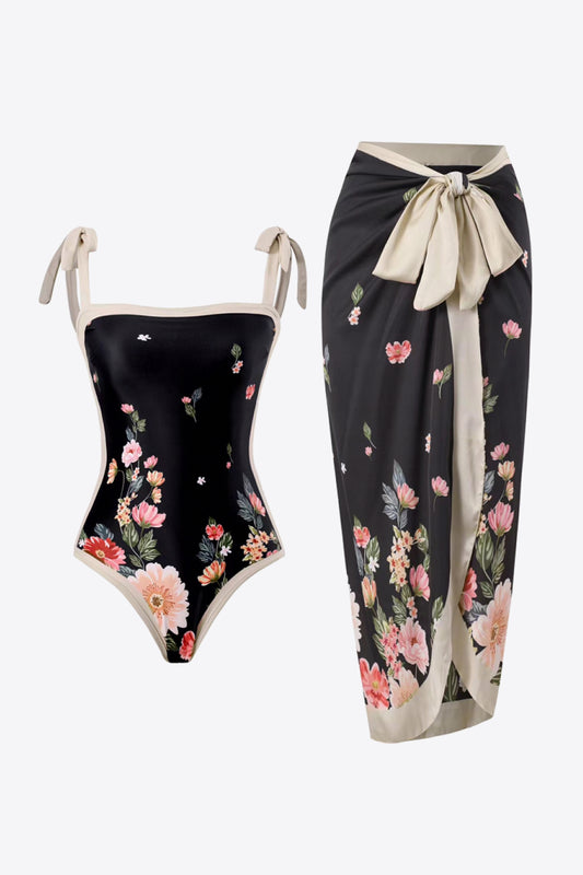 Floral Tie-Shoulder Two-Piece Swim Set black pink and cream