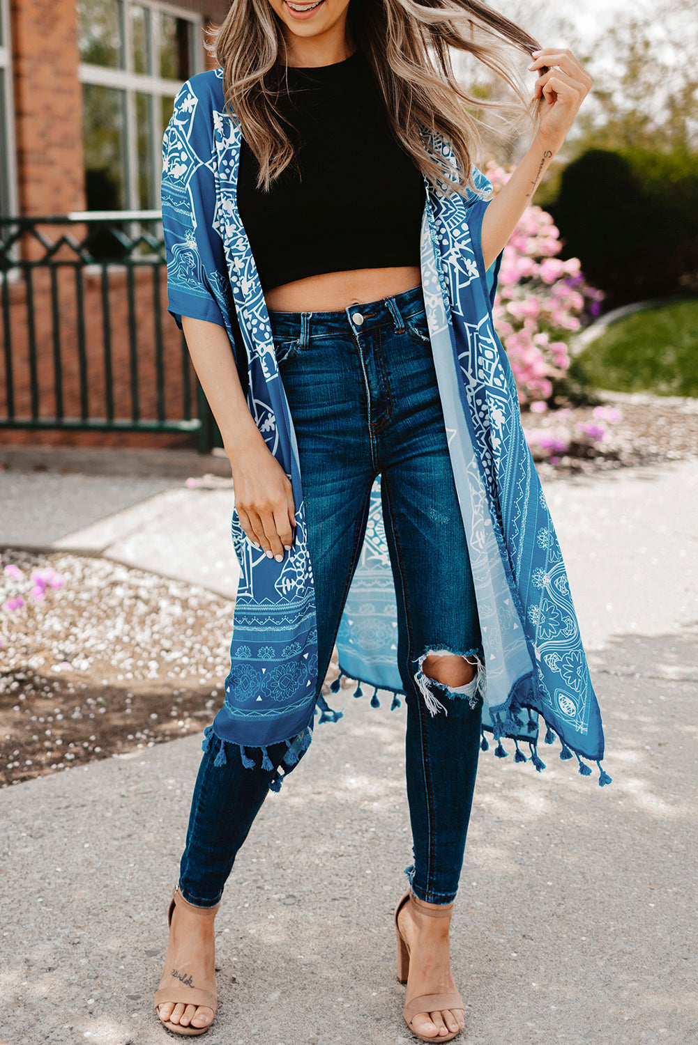 Printed Tassel Trim Open Front Cardigan blue and white front view