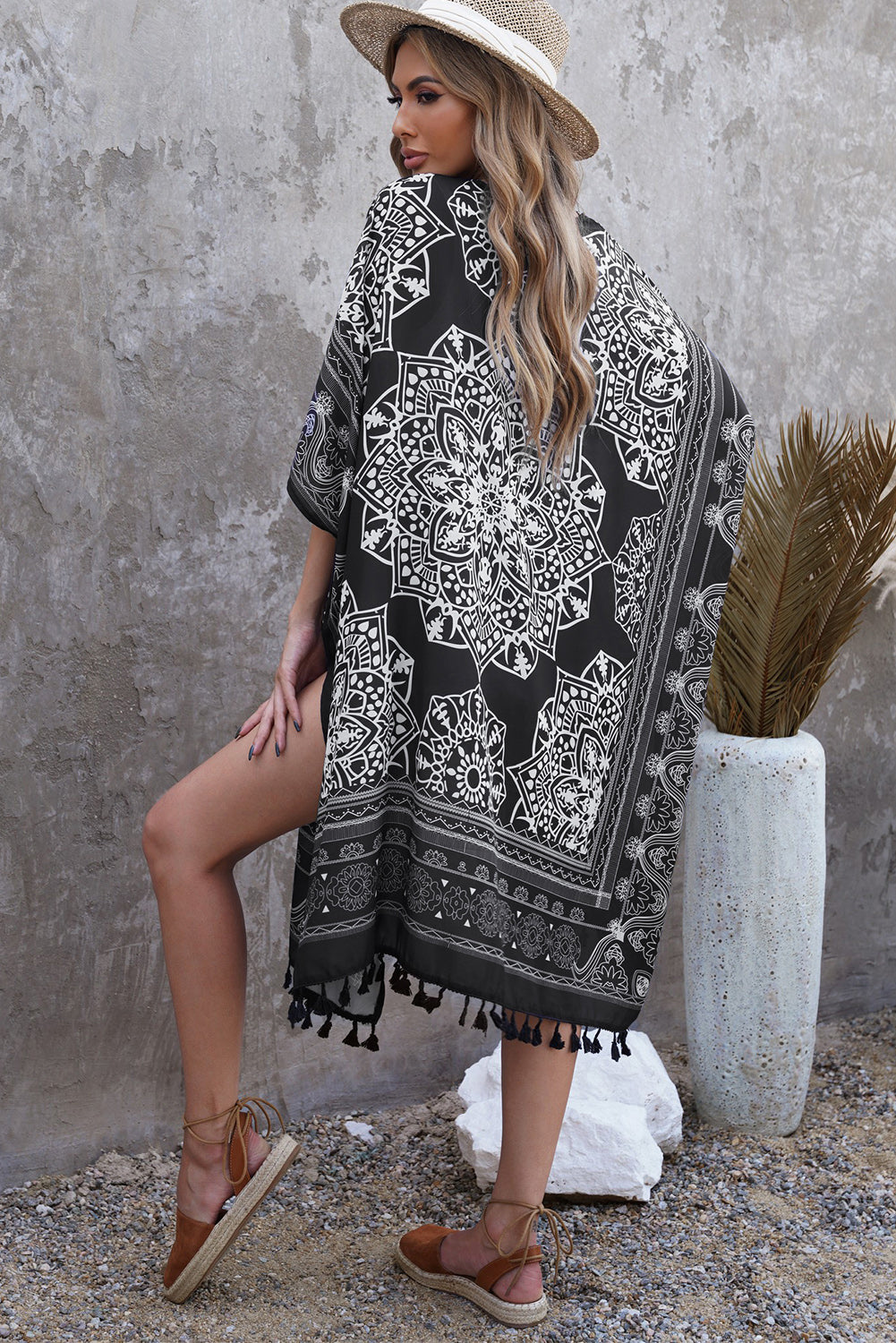 Printed Tassel Trim Open Front Cardigan black and white back view