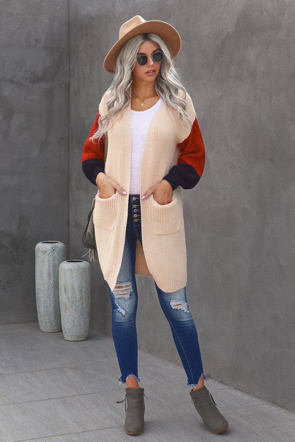 Color Block Rib-Knit Longline Cardigan with Front Pockets apricot full view