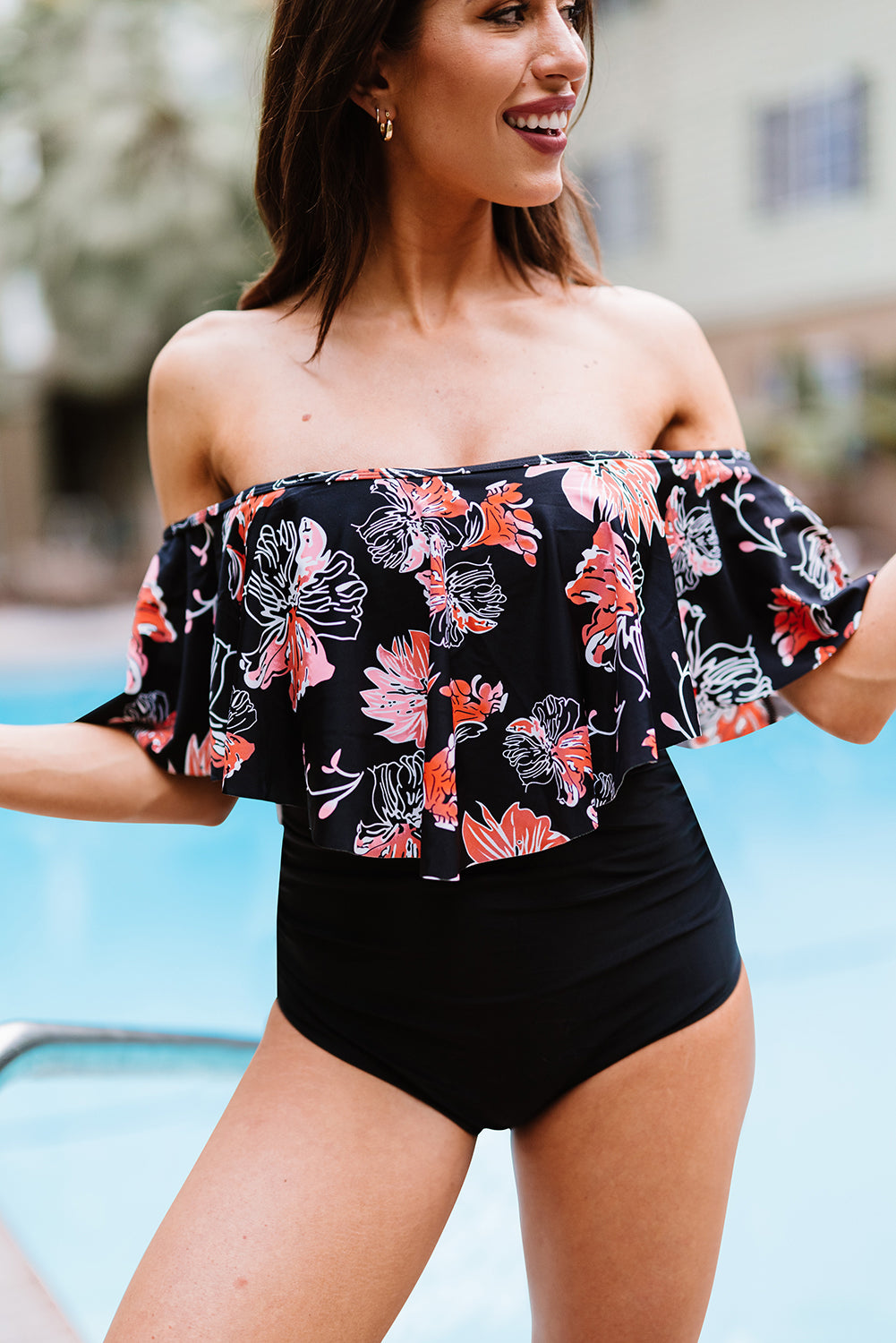 Two-Tone Off-Shoulder One-Piece Swimsuit pink tropical print top black bottoms