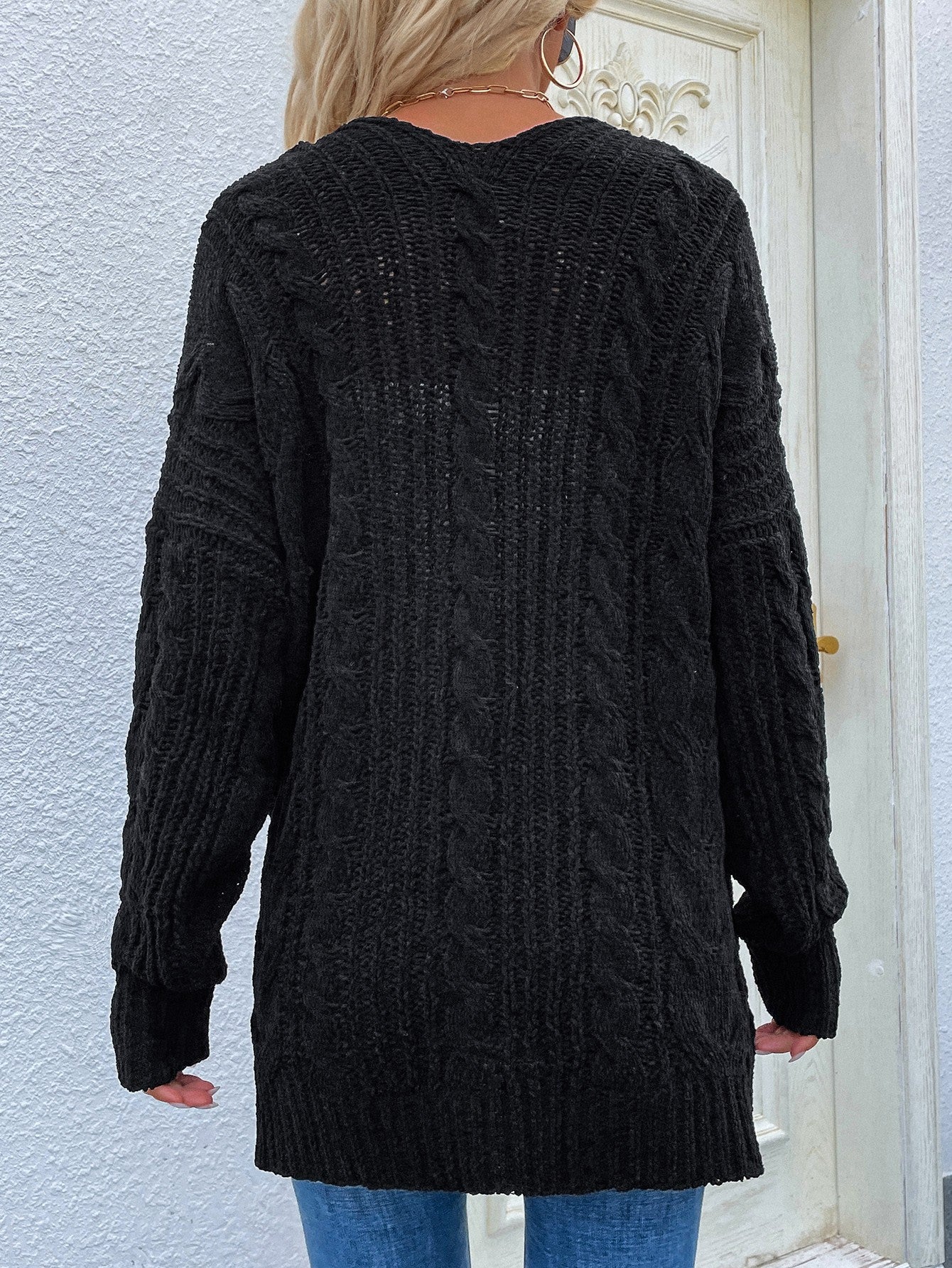 Cable-Knit Open Front Cardigan with Front Pockets back view