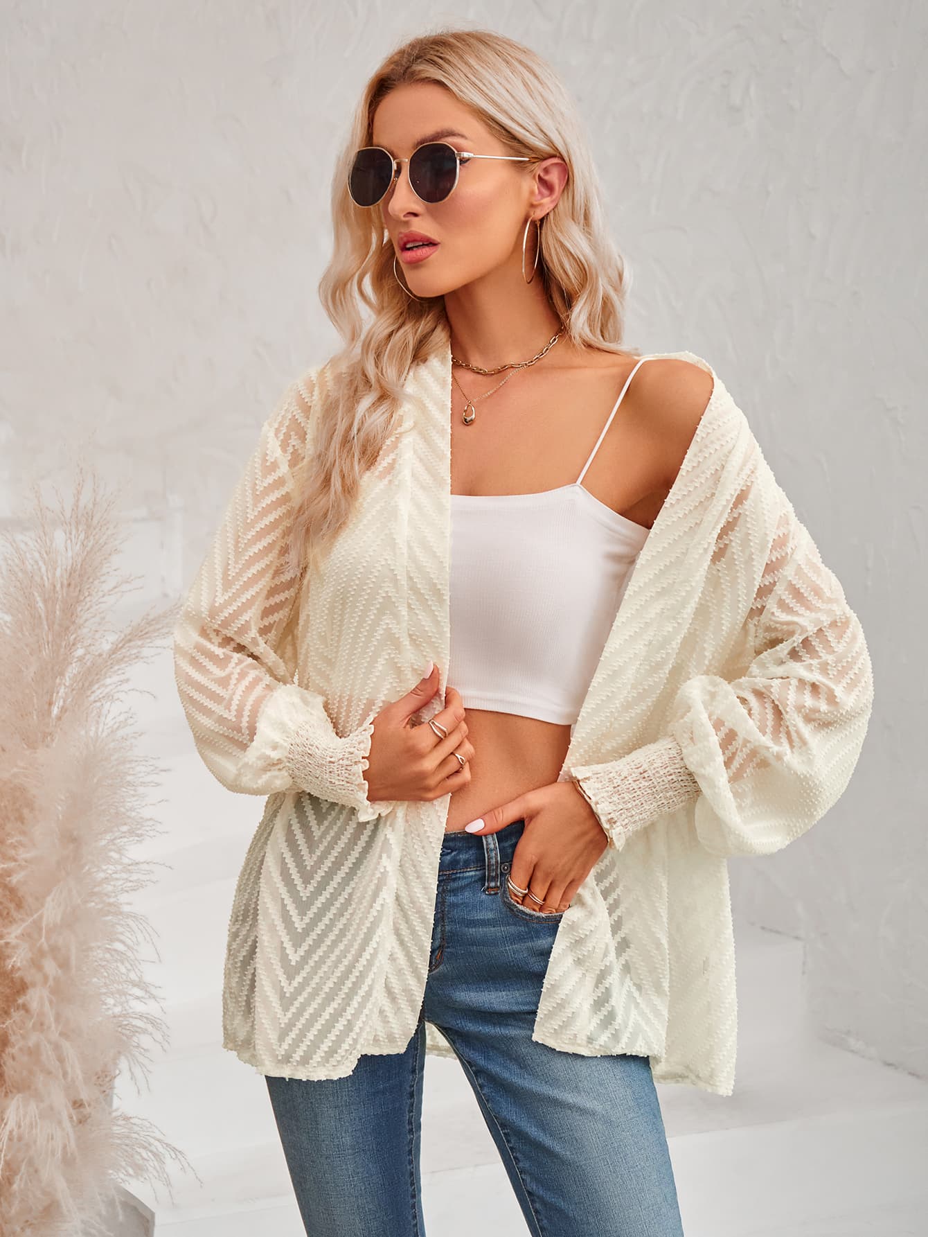 Lantern Sleeve Open Front Sheer Cardigan sand beige