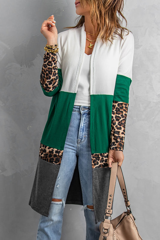 Leopard Color Block Open Front Longline Cardigan green and white