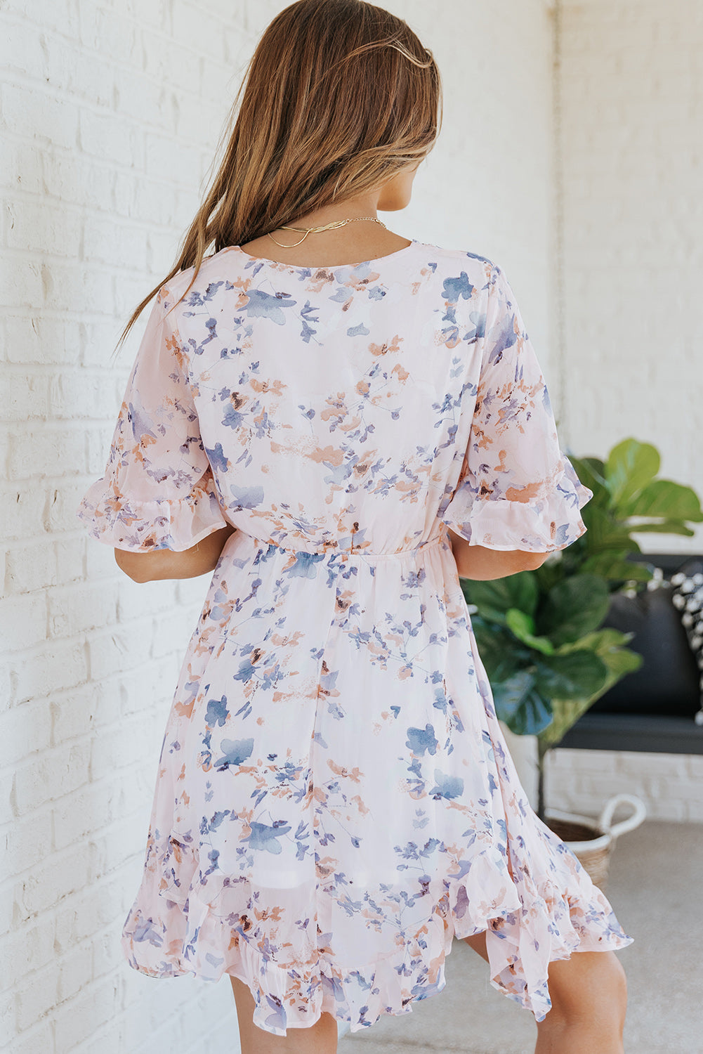 Floral Drawstring Waist Ruffled Surplice Dress