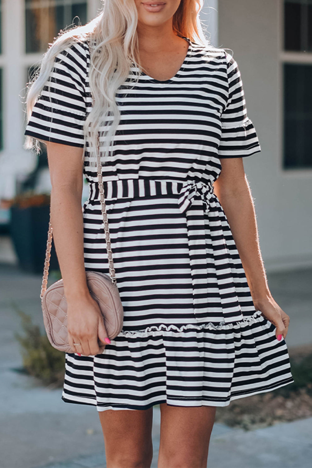 Striped Tie-Waist Frill Trim V-Neck Dress