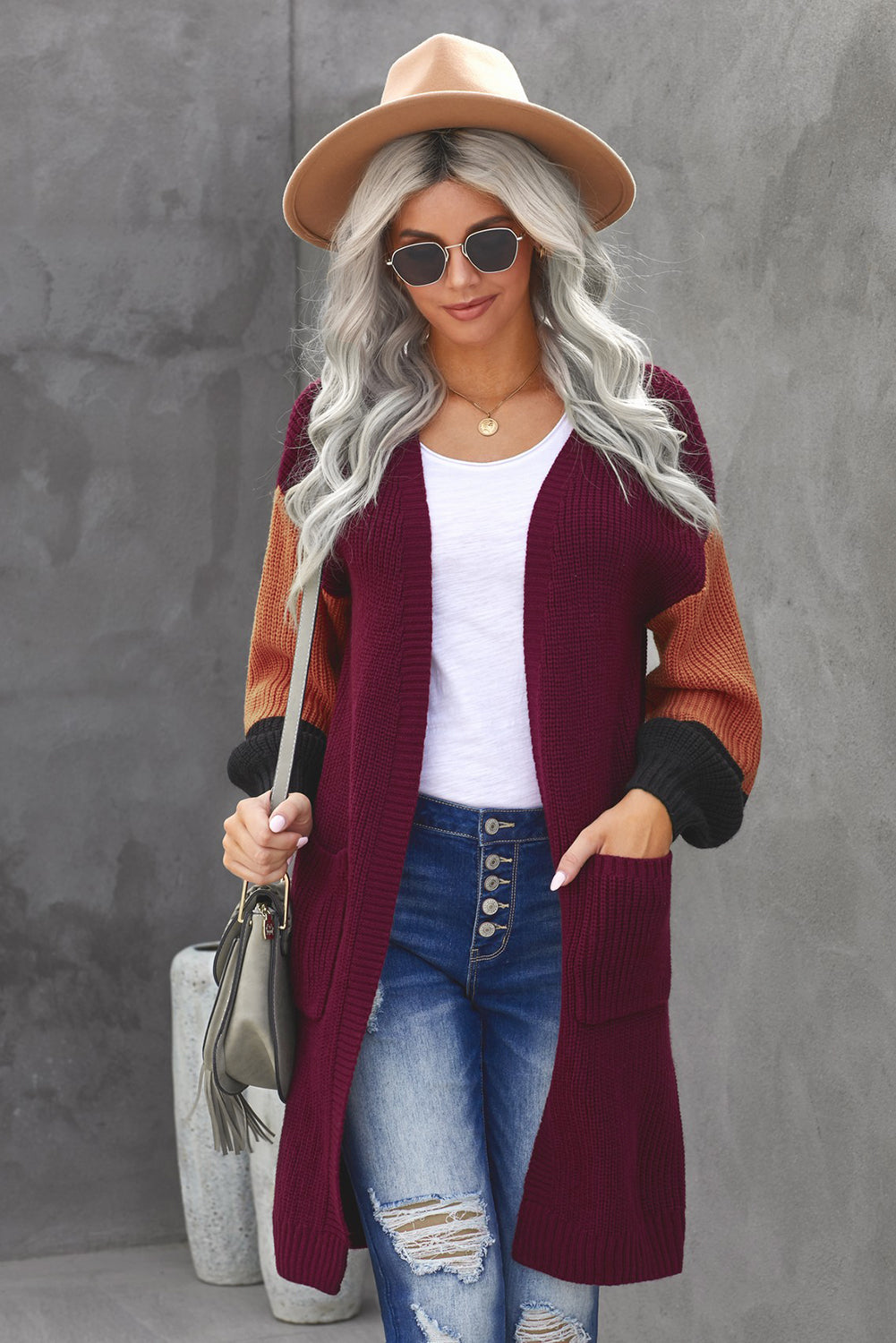 Color Block Rib-Knit Longline Cardigan with Front Pockets red