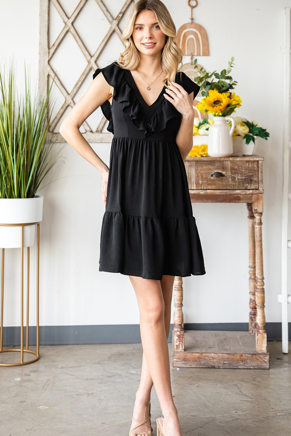 Ruffled V-Neck Mini Dress