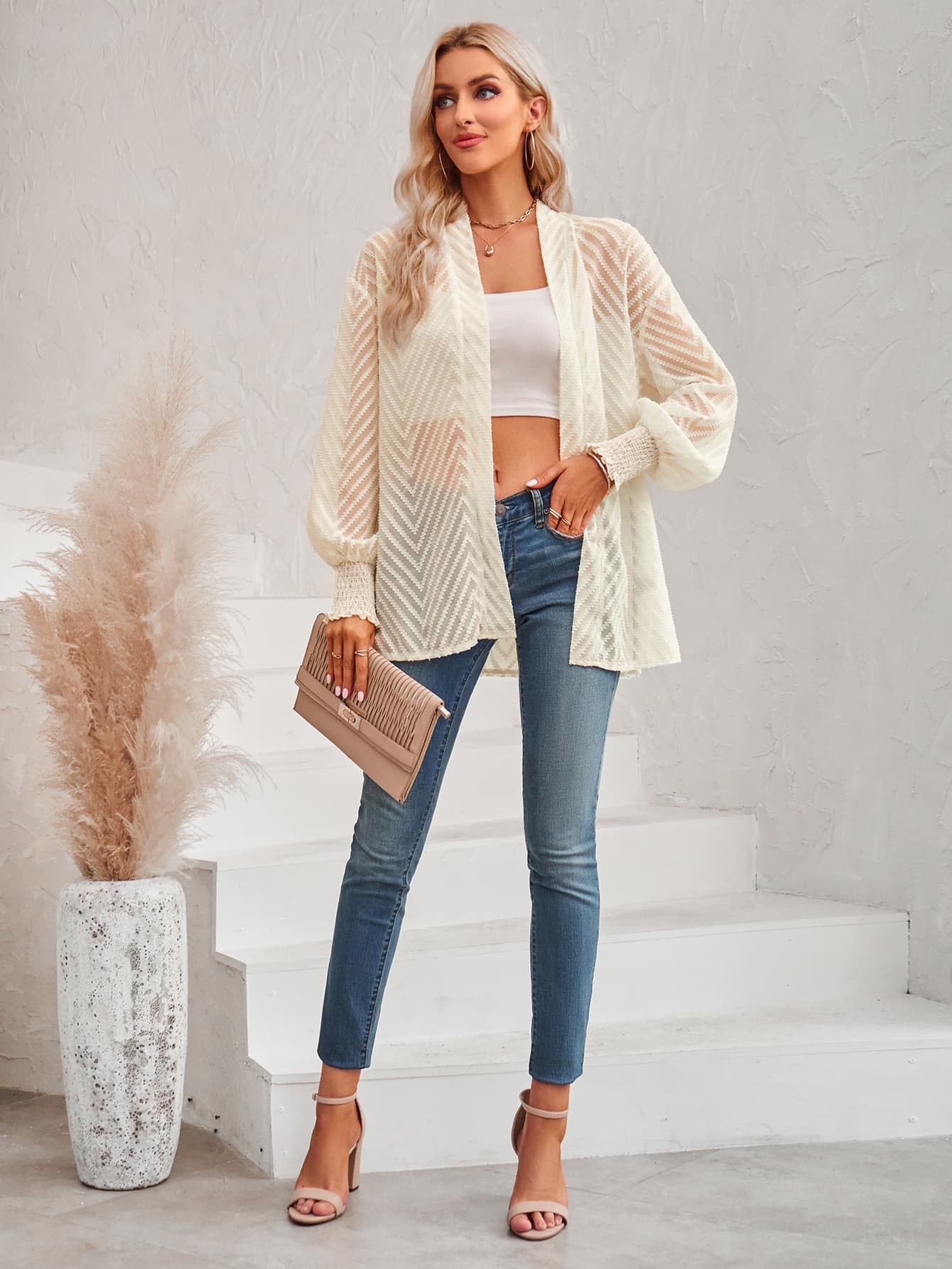 Lantern Sleeve Open Front Sheer Cardigan sand beige full view