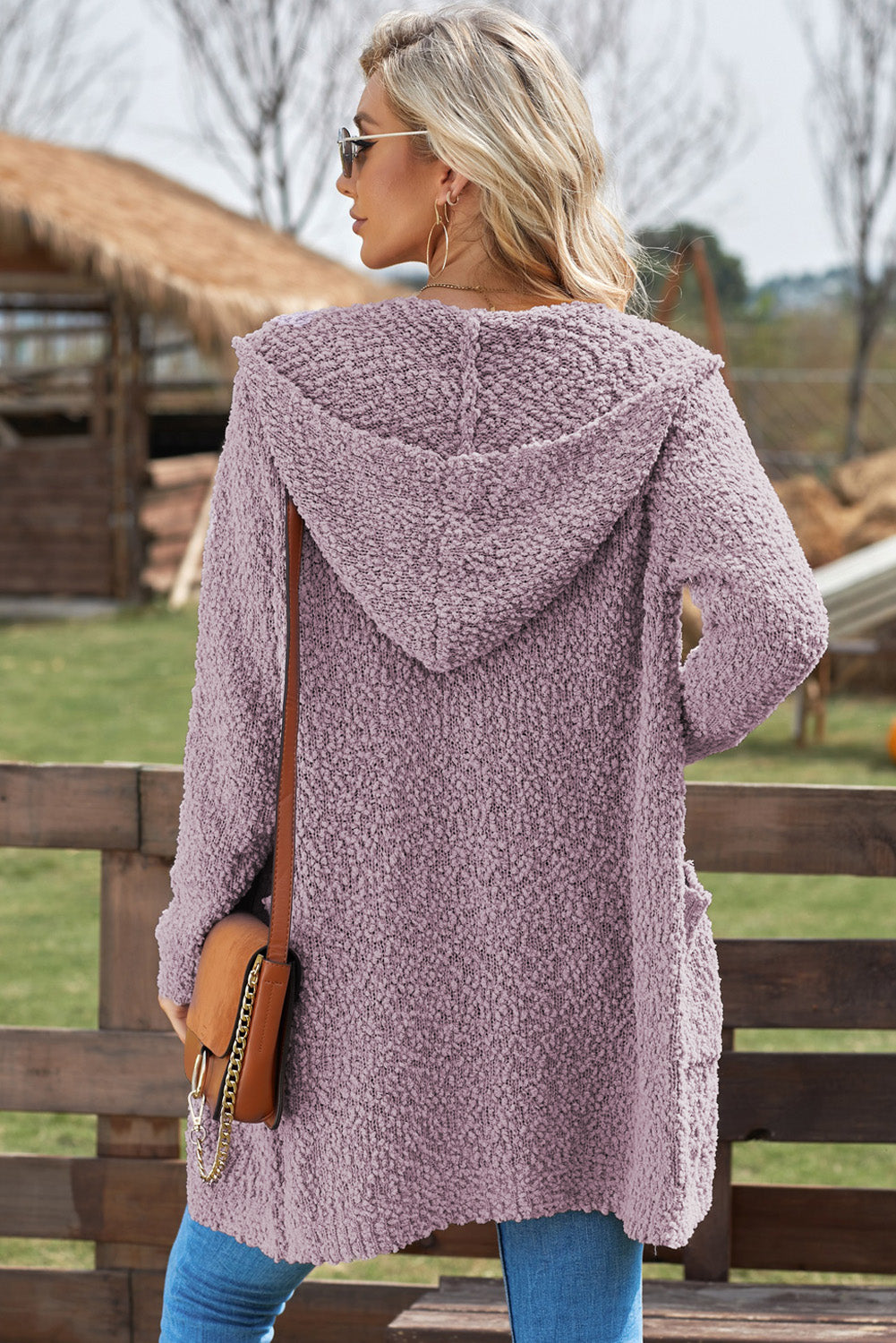 Popcorn-Knit Long Sleeve Hooded Cardigan lilac back view