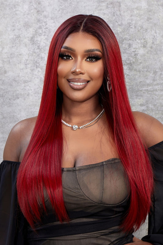 13*2" Lace Front Wigs Synthetic Straight 26" 150% Density Red Ombre