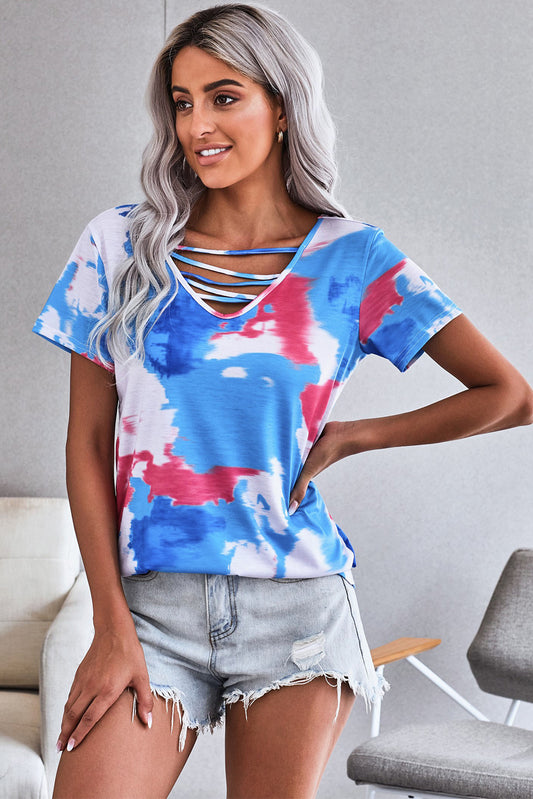 Tie-Dye Strappy Neck Tee red white and blue