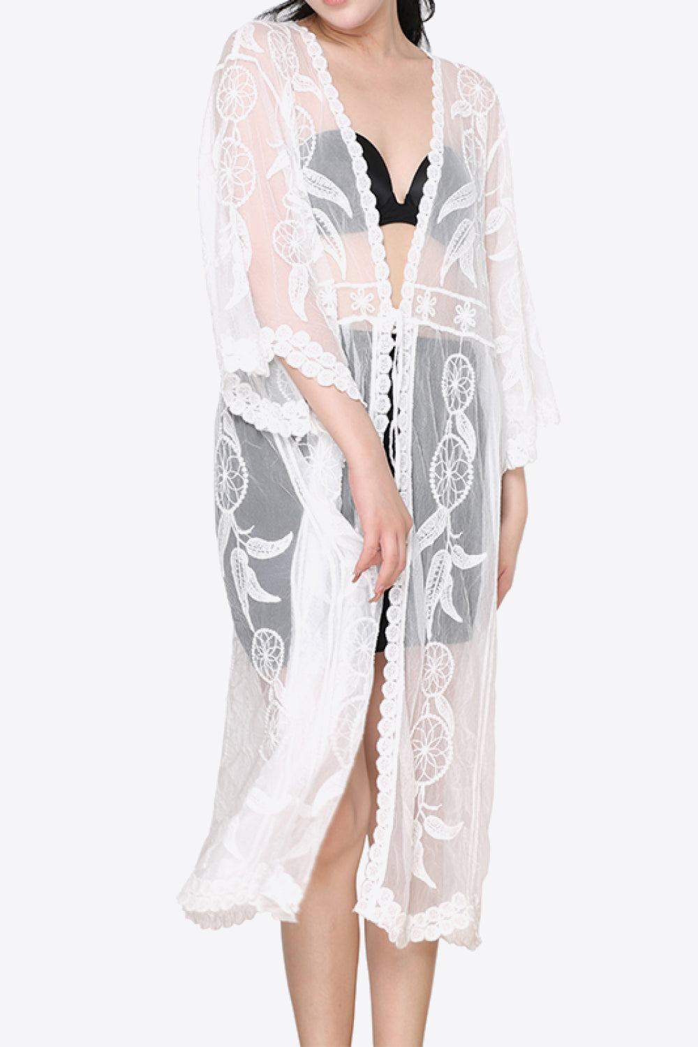 Tied Sheer Cover Up Cardigan in sheer white dream catcher feather pattern semi side view