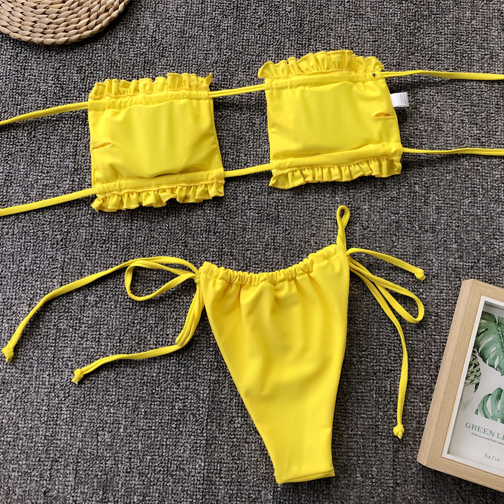 Frill Trim Ruched Bikini Set yellow