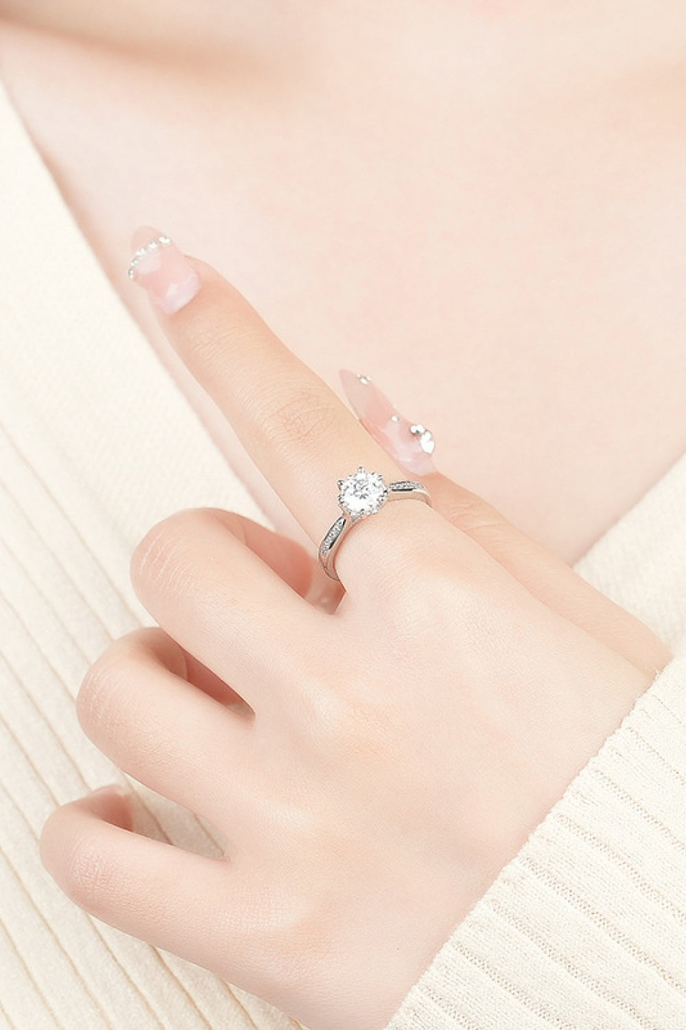 1 Carat Moissanite Adjustable 6-Prong Ring shown on finger