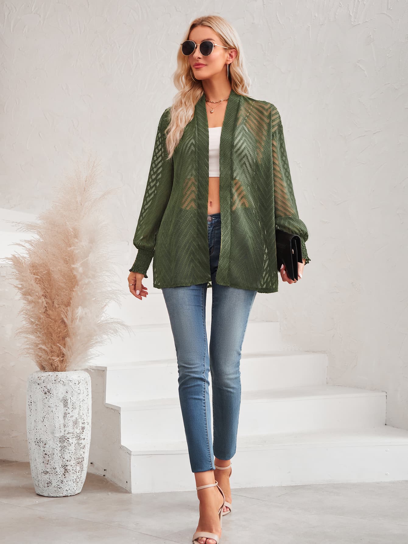 Lantern Sleeve Open Front Sheer Cardigan army green full view