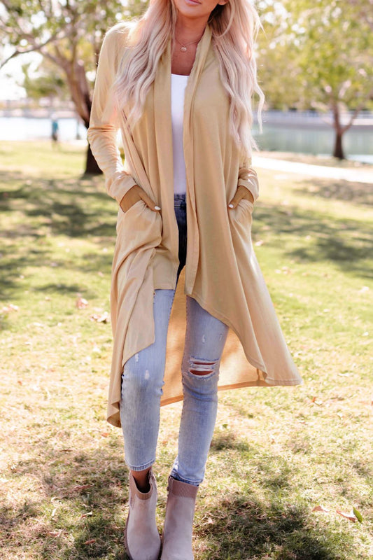 High-Low Open Front Cardigan with Pockets beige