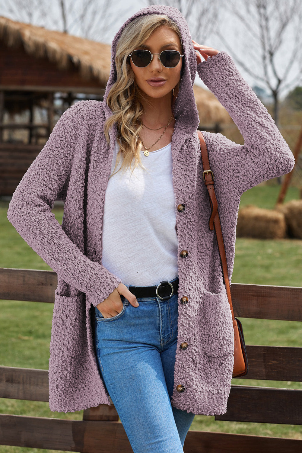 Popcorn-Knit Long Sleeve Hooded Cardigan lilac