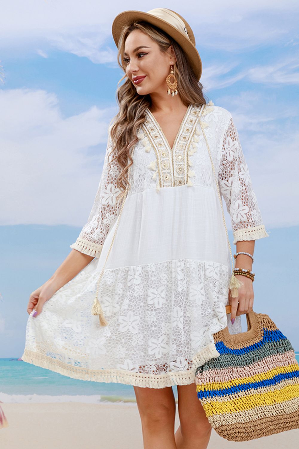 Tassel Spliced Lace Cover Up in white