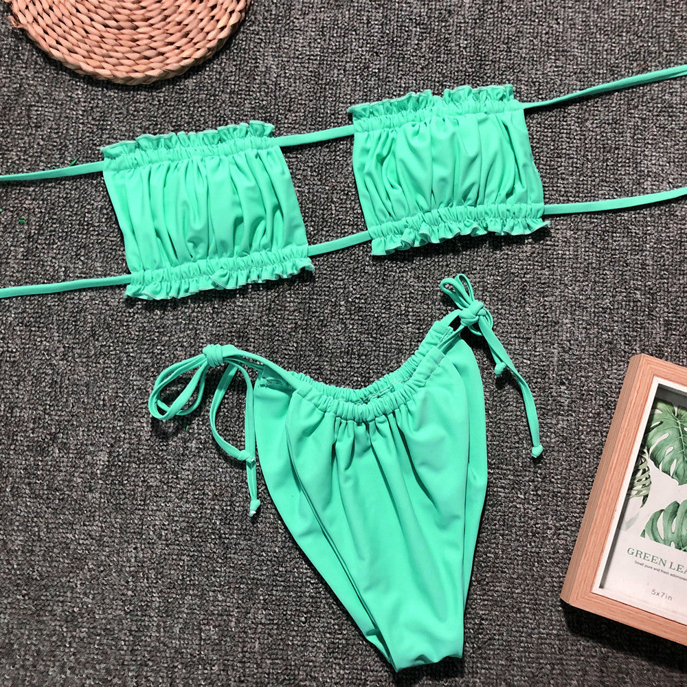 Frill Trim Ruched Bikini Set mint green