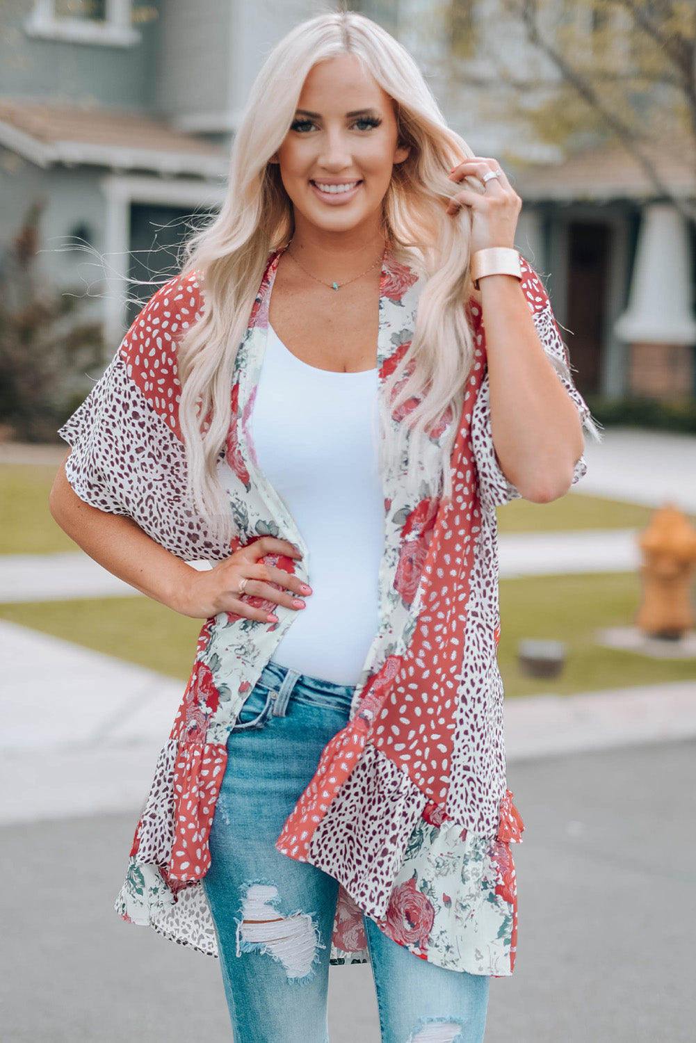 Mixed Print Ruffle Hem Kimono pink