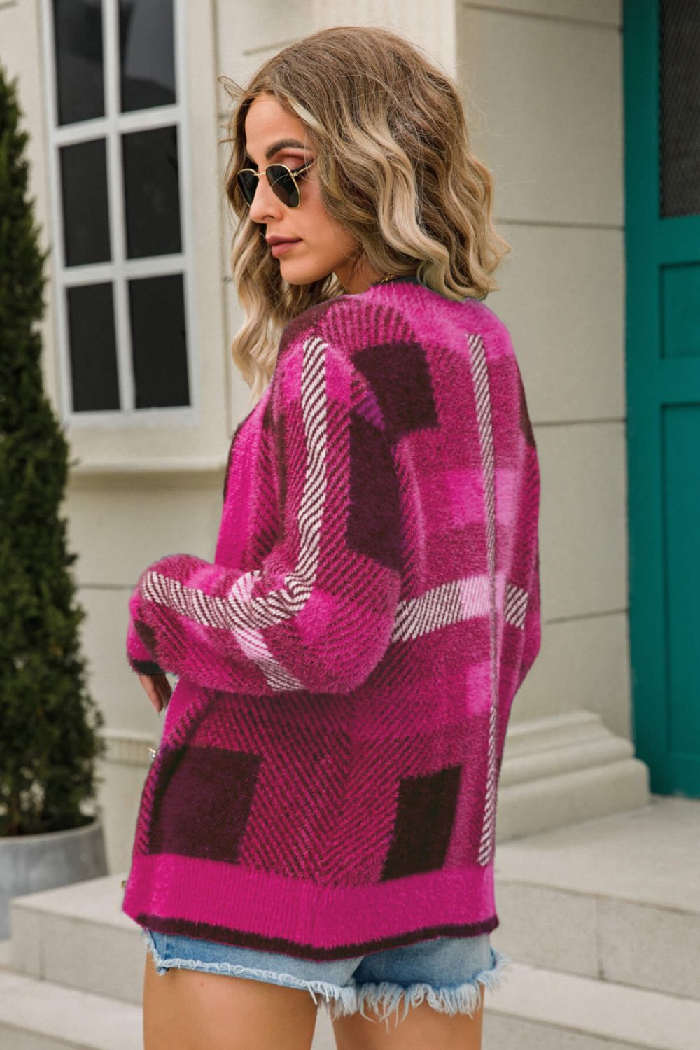 Striped Button-Front Fuzzy Cardigan pink fuschia