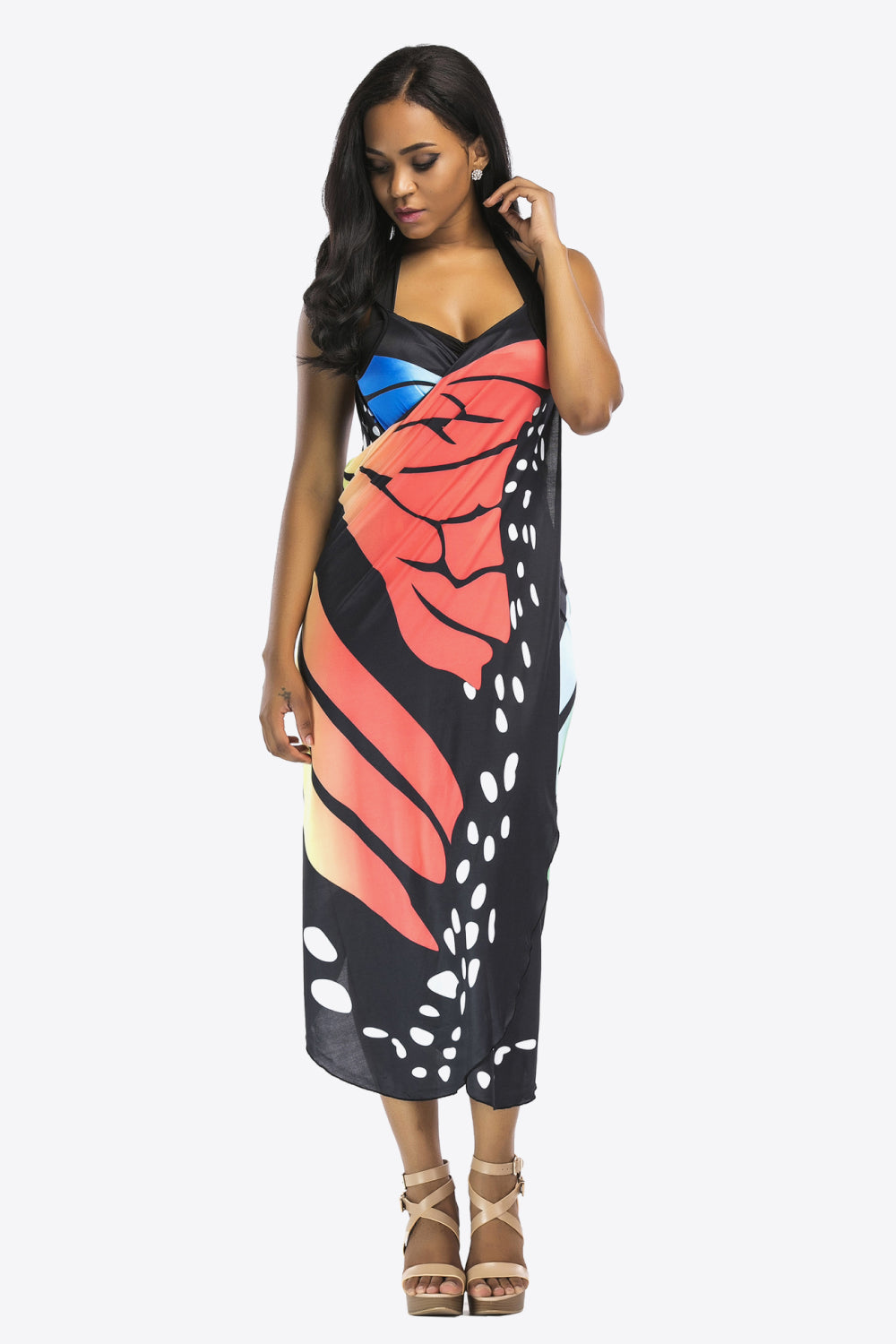 Butterfly Spaghetti Strap Cover Up front view wrap red black white and blue tones