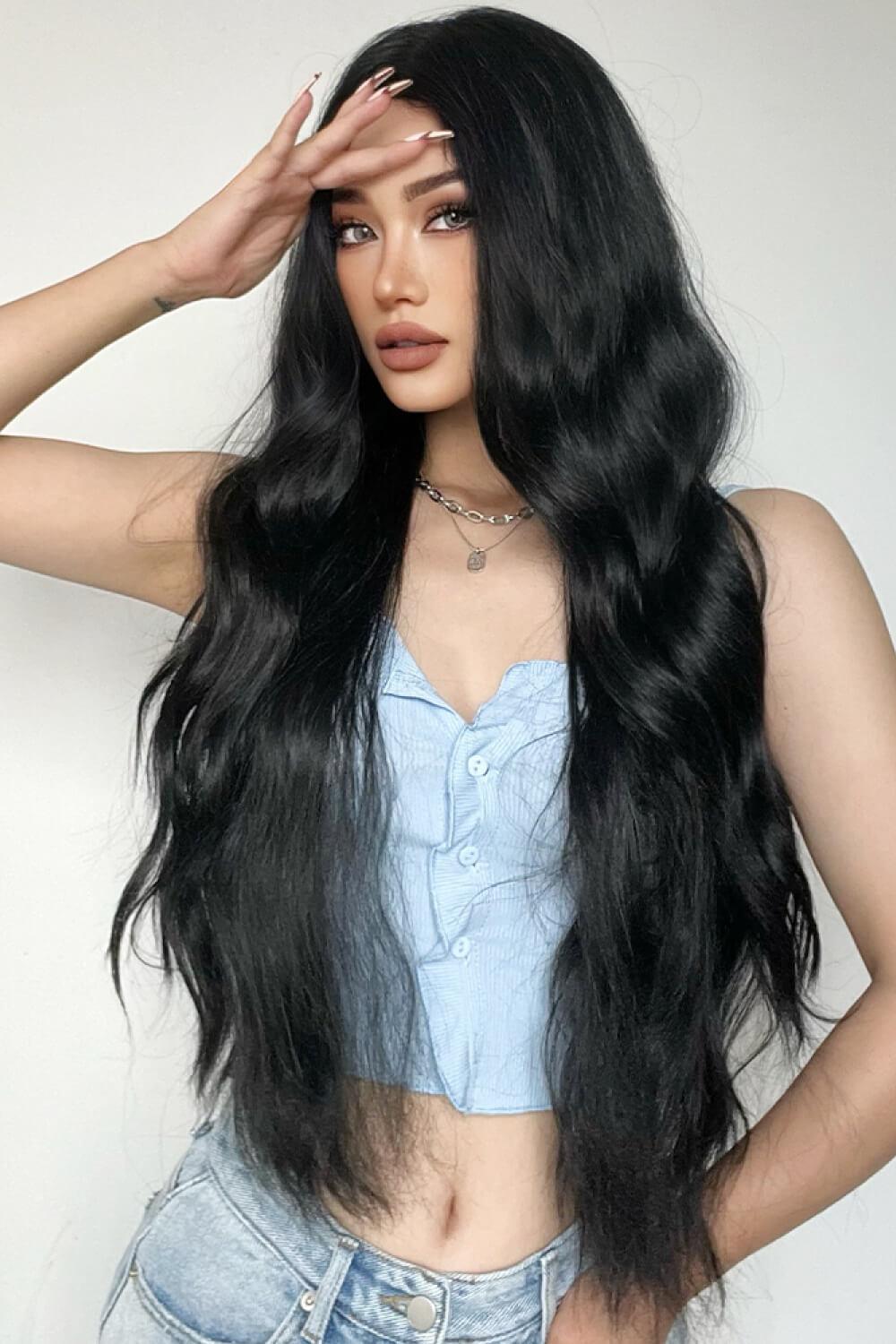 Full Machine Long Wave Synthetic Wigs 28'' Black