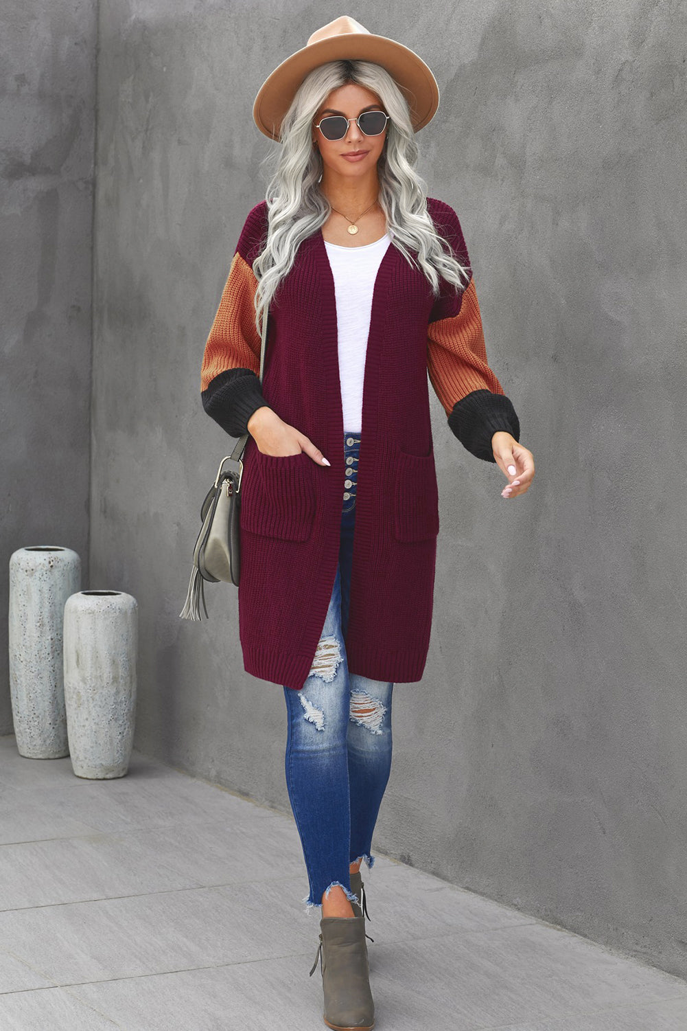 Color Block Rib-Knit Longline Cardigan with Front Pockets red